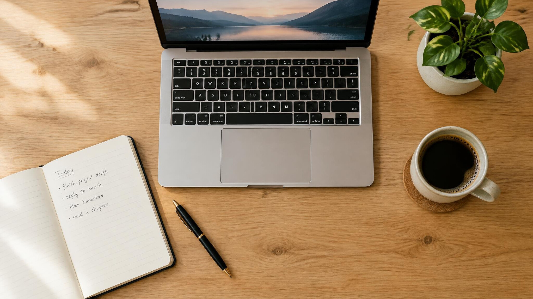 Top down view of a desk with a laptop, notebook, pen and a small plant