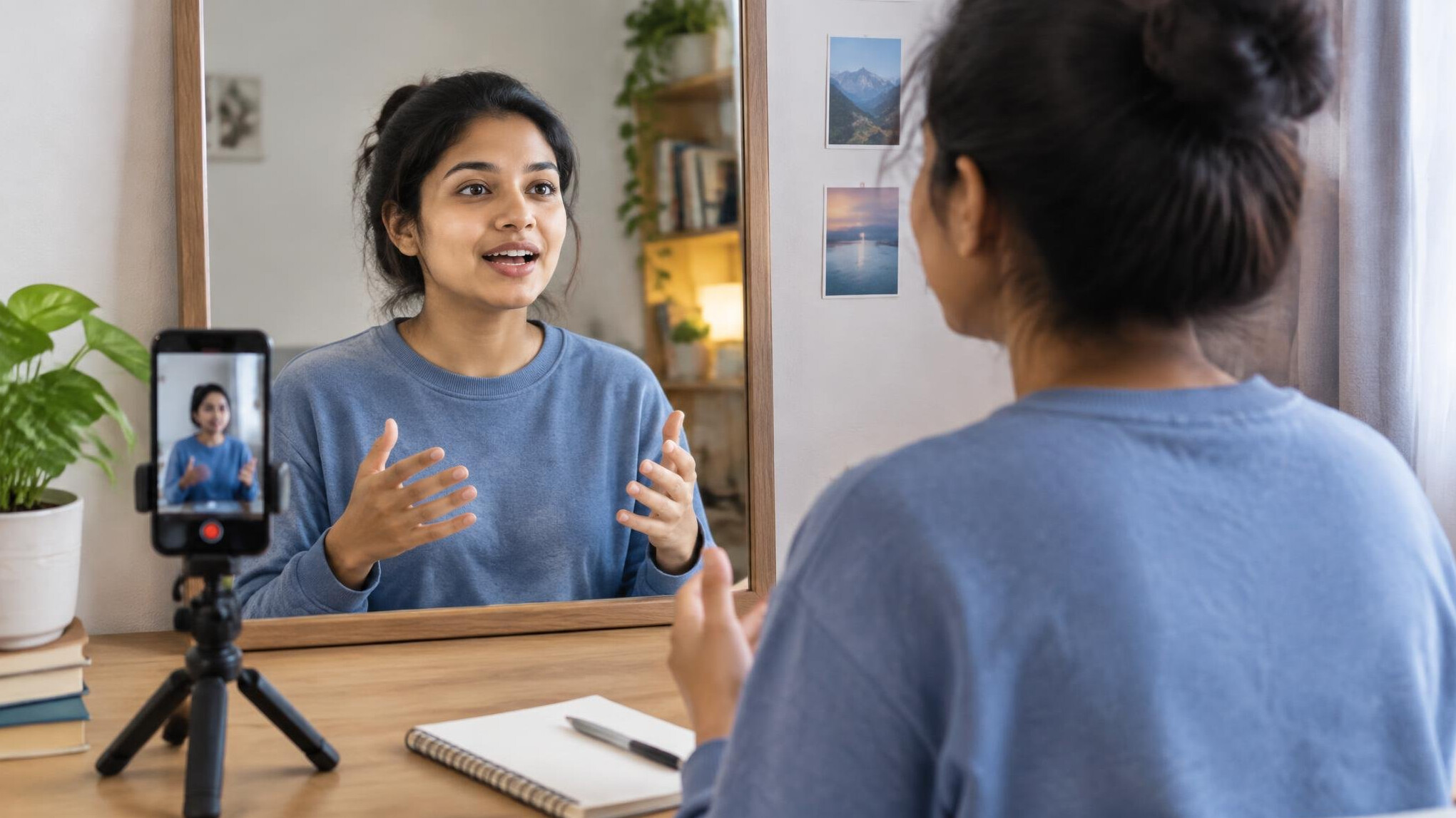 person practicing speech in mirror
